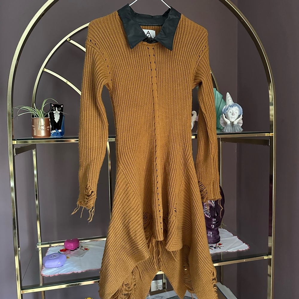UNIF Brown Knit Dress with Black Vegan Leather Collar